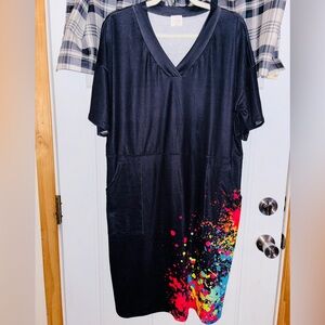 Vibrant Black Midi Dress with Colorful Splatter